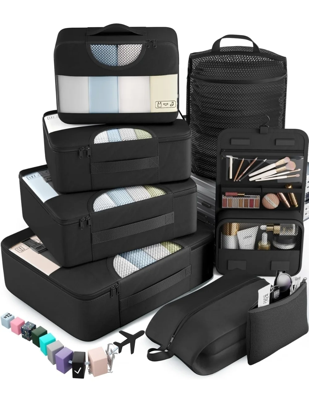 Travel Packing Cubes and Toiletry Bag Set - Black